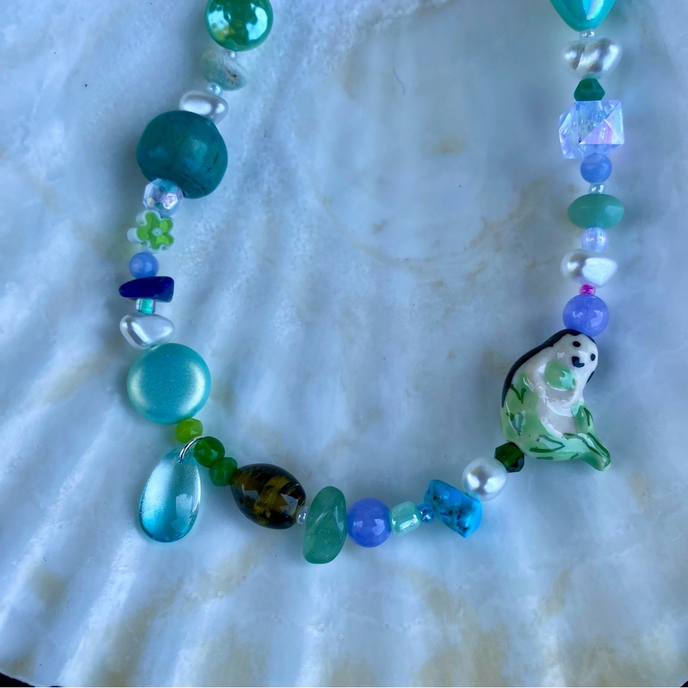 Under the Sea Beaded Blue & Green Necklace Mermaid Silver Spiral Hearts Mixed - Picture 6 of 11